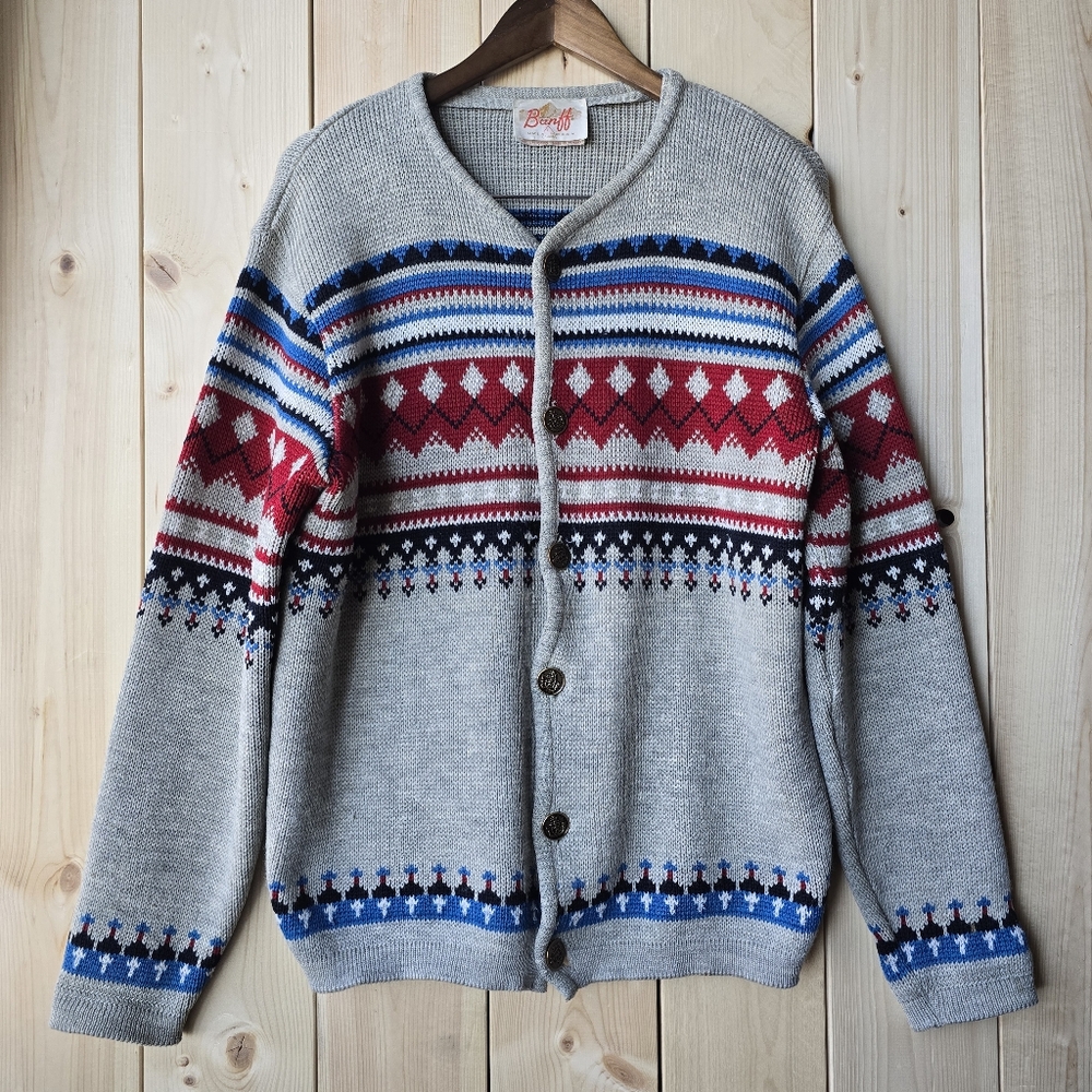 Vintage Banff Nordic Wool Cardigan Button Sweater Grey Red Mens Large